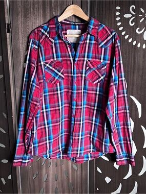Aeropostale Red Plaid Button Down Shirt with Blue Accents